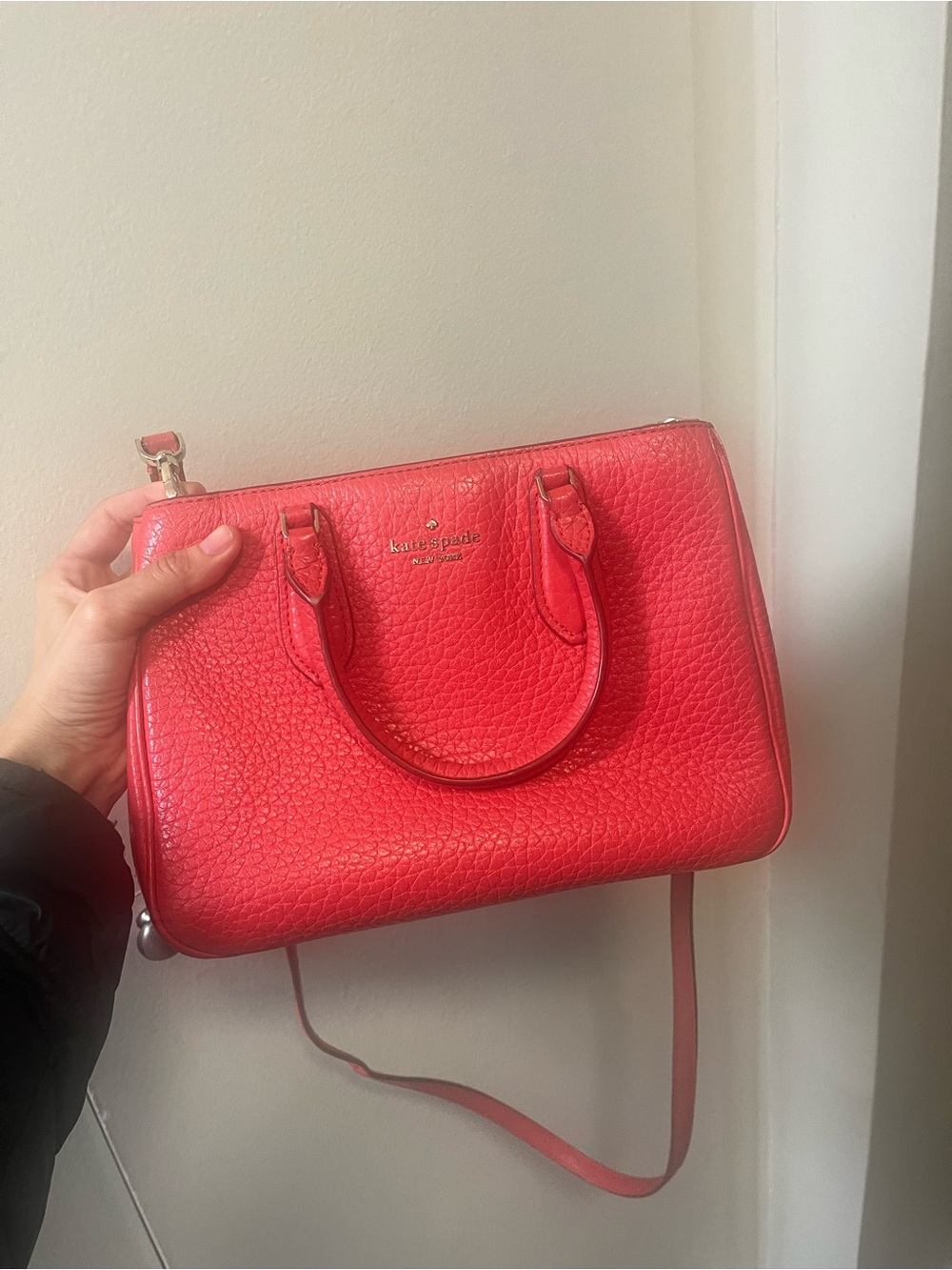 KATE SPADE coral pebbled leather satchel w detachable long strap & short handles